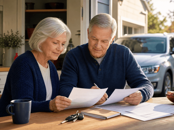 Senior couple reviewing auto insurance paperwork at home