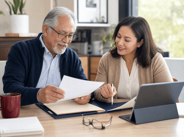 Senior adult reviewing benefits paperwork with a helpful advisor