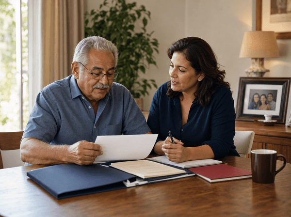 Family reviewing life insurance planning paperwork together