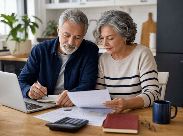 Senior couple reviewing retirement income and household budget notes