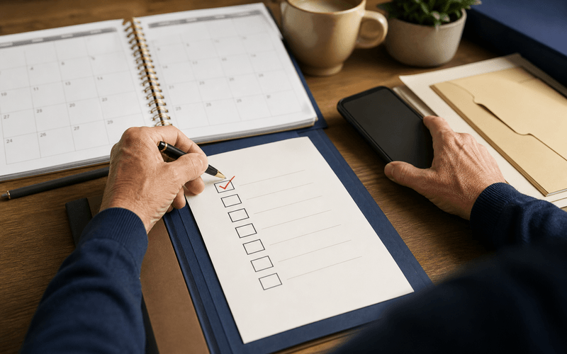 Senior reader checking an action list beside a phone