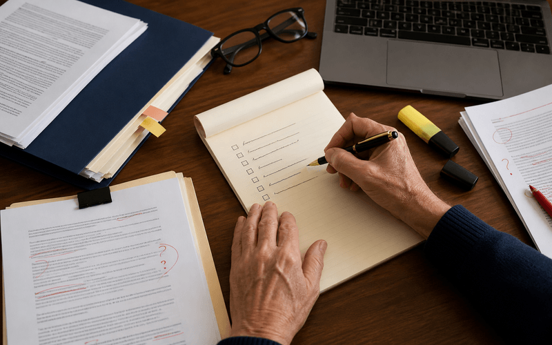 Editor simplifying complex paperwork into clear notes